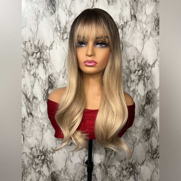 26” Balayage Light Blonde Wavy long Hair Wig & bangs Natural look for da… - Picture 5 of 10